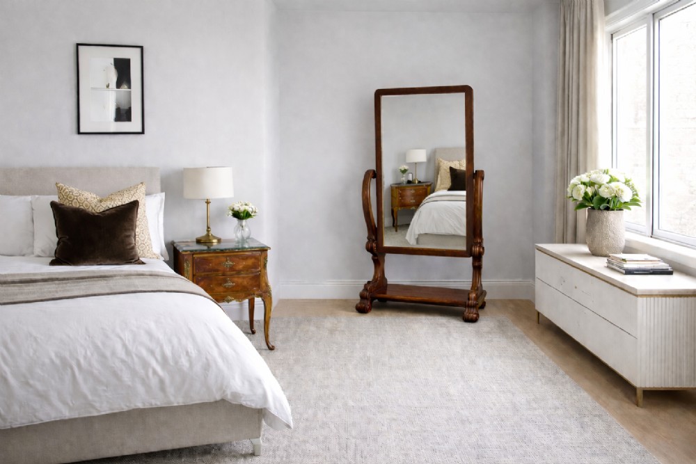 A Victorian mahogany cheval mirror featuring a rectangular swinging frame mounted between curved upright supports on a solid plinth base. View II
