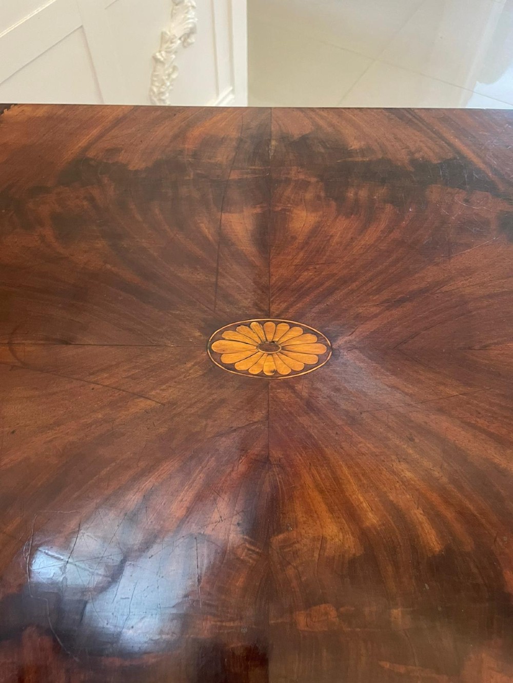 An eighteenth-century George III mahogany Pembroke table with butterfly drop leaves, central fan inlay, and slender legs. View XIII