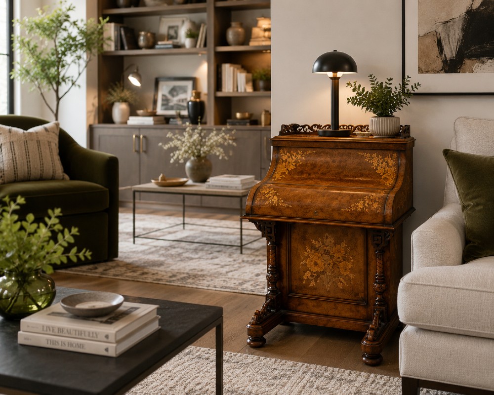 A Victorian burr walnut piano top davenport desk featuring floral marquetry, side drawers with turned wooden knobs, and carved supports. View III