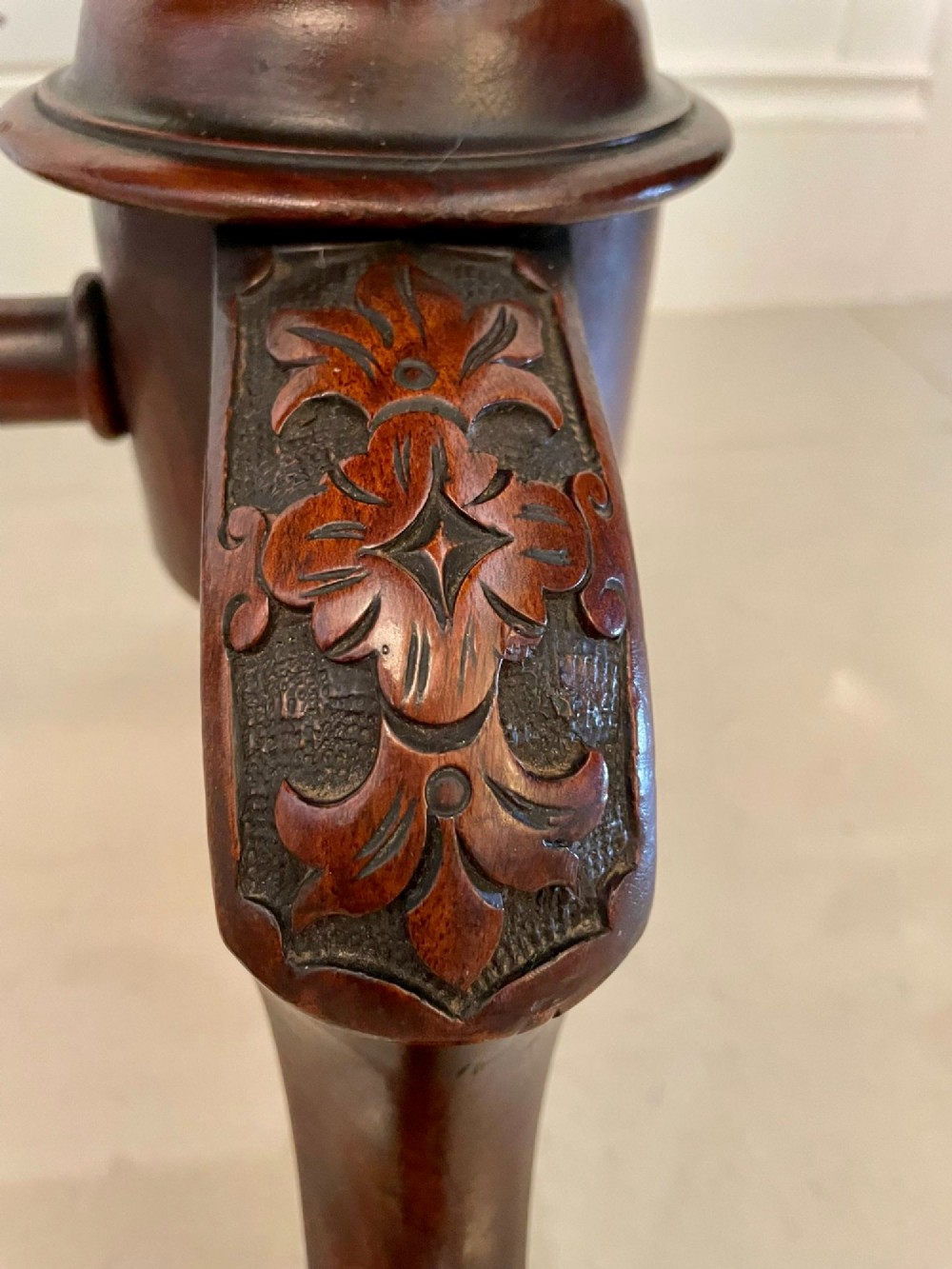 A Victorian burr walnut fold-over card table featuring a rectangular figured veneer top with rounded corners, twin turned pedestals, and carved legs on castors. View VIII