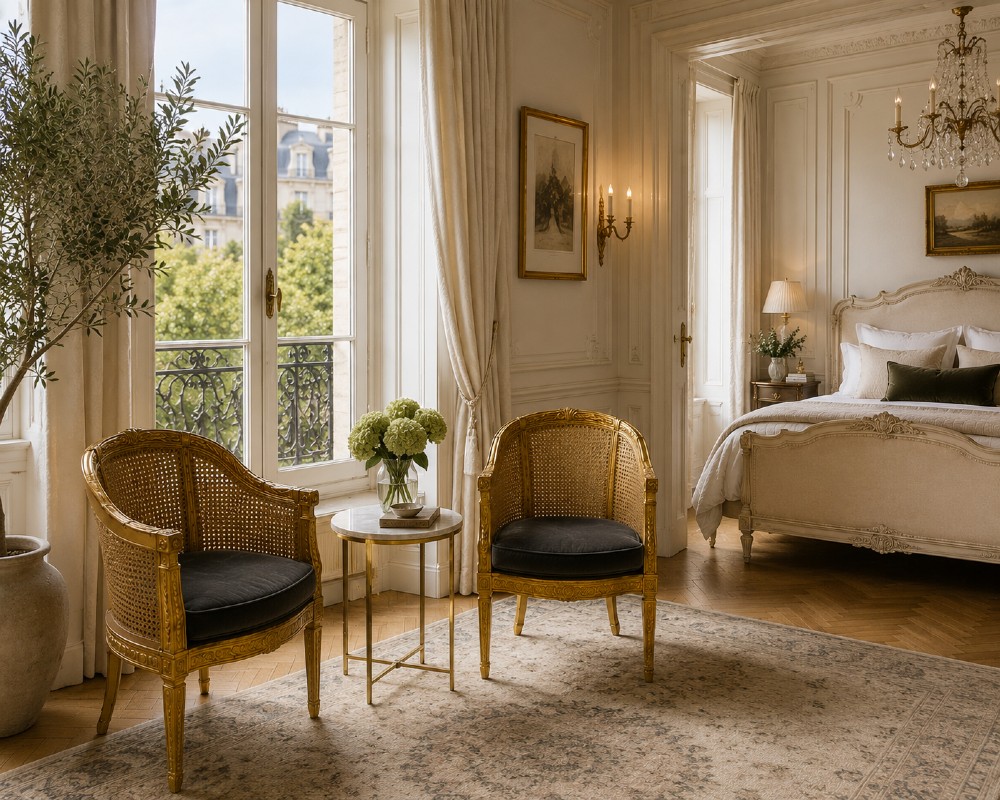 A pair of French Louis XVI style carved giltwood tub armchairs featuring curved caned backs and dark blue velvet seat cushions. View II