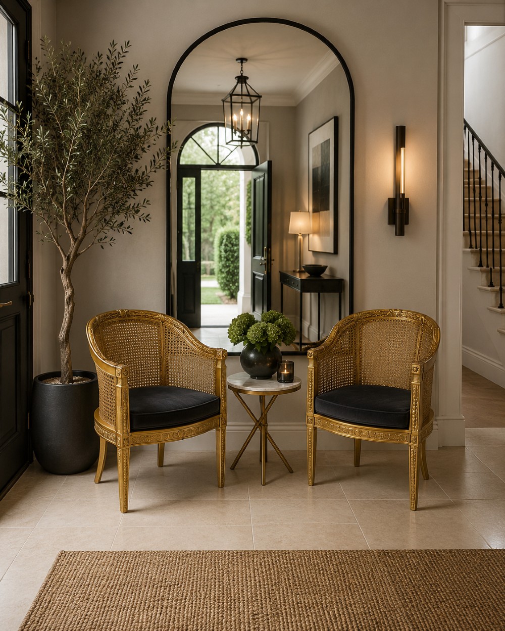 A pair of French Louis XVI style carved giltwood tub armchairs featuring curved caned backs and dark blue velvet seat cushions. View III