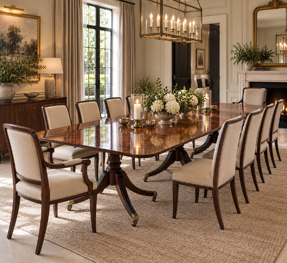 A long polished Georgian mahogany three-pedestal dining table featuring reeded sabre legs with brass castors. View III