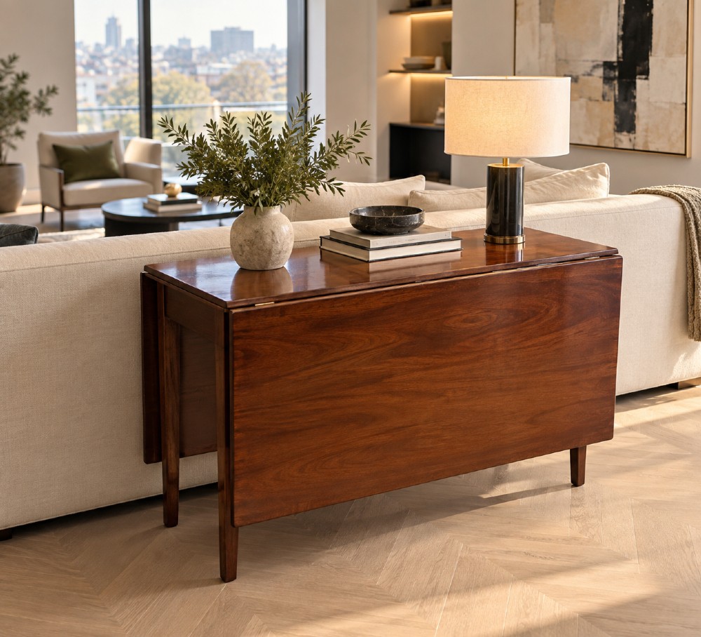 An antique Georgian mahogany drop-leaf dining table shown folded closed with square straight legs and a polished dark wood surface. View II