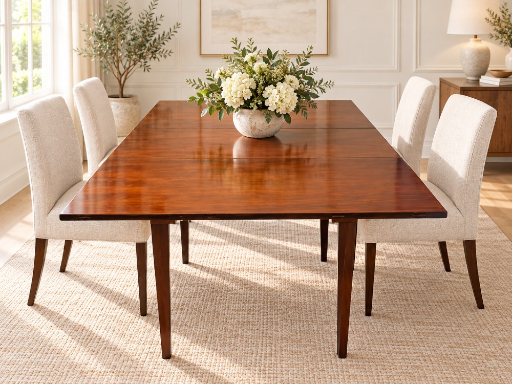 An antique Georgian mahogany drop-leaf dining table shown folded closed with square straight legs and a polished dark wood surface. View III