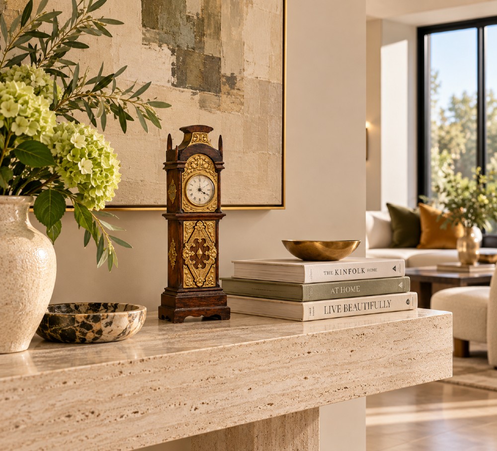 A dark oak miniature grandfather table clock with ornate embossed brass panels and a white dial featuring Roman numerals. View II
