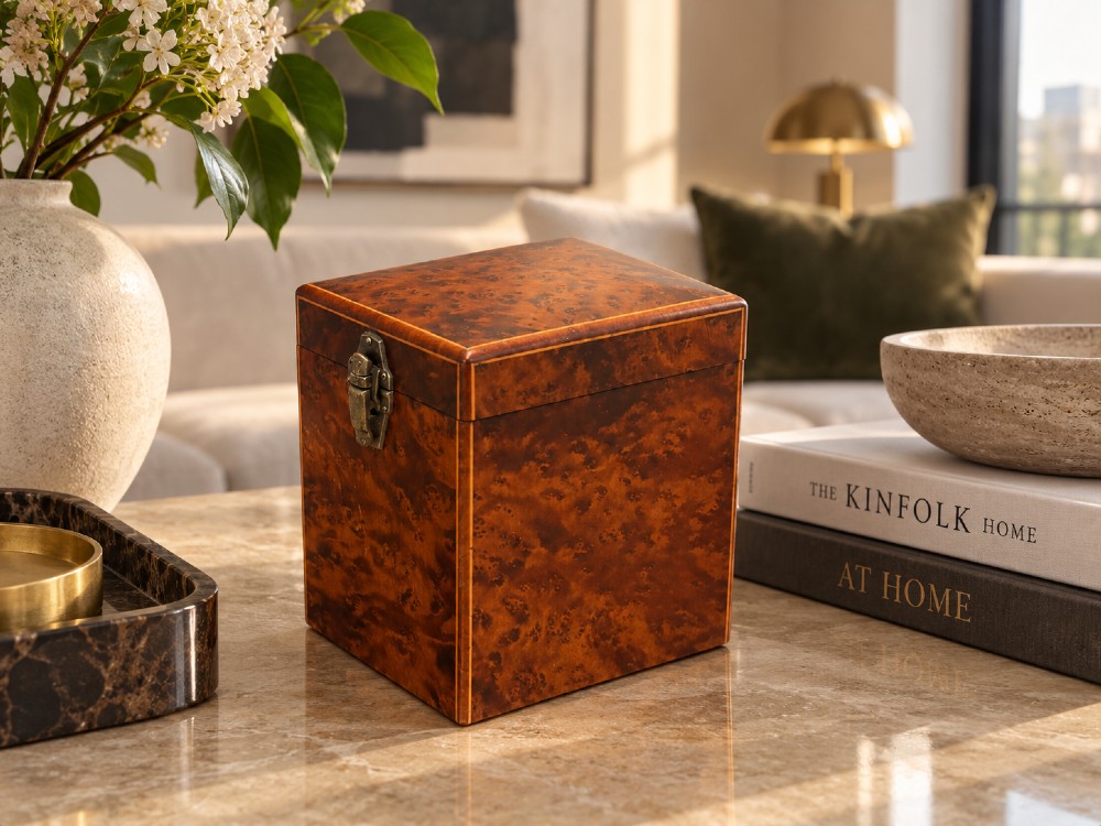 An upright Victorian travelling tea caddy crafted from amboyna burl wood with line inlay and a brass front latch. View II