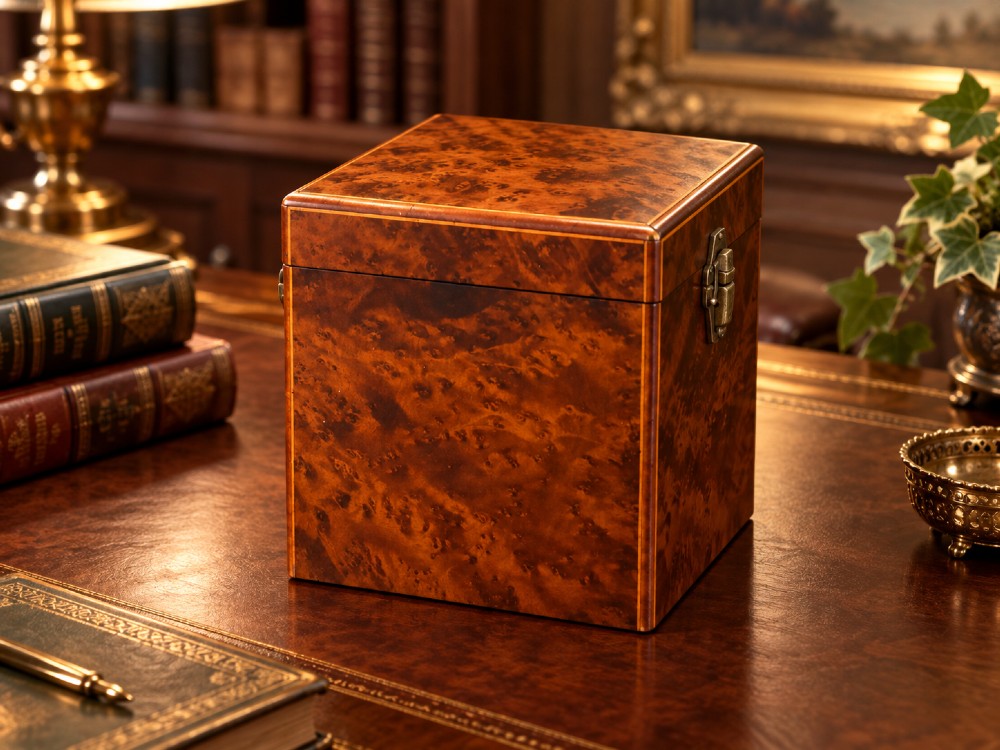 An upright Victorian travelling tea caddy crafted from amboyna burl wood with line inlay and a brass front latch. View III