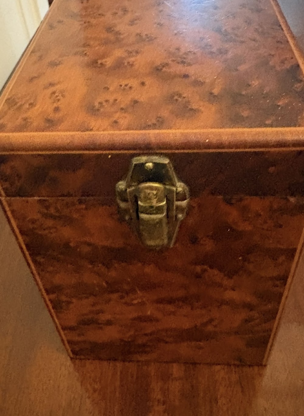 An upright Victorian travelling tea caddy crafted from amboyna burl wood with line inlay and a brass front latch. View IX