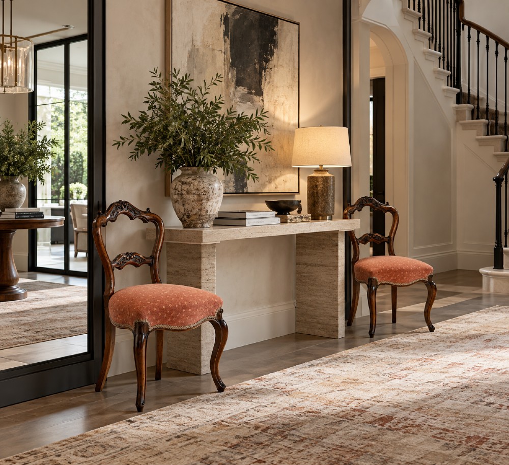 A pair of Victorian carved walnut side chairs featuring open balloon backs with foliate carvings, cabriole legs, and terracotta patterned fabric upholstered seats. View II