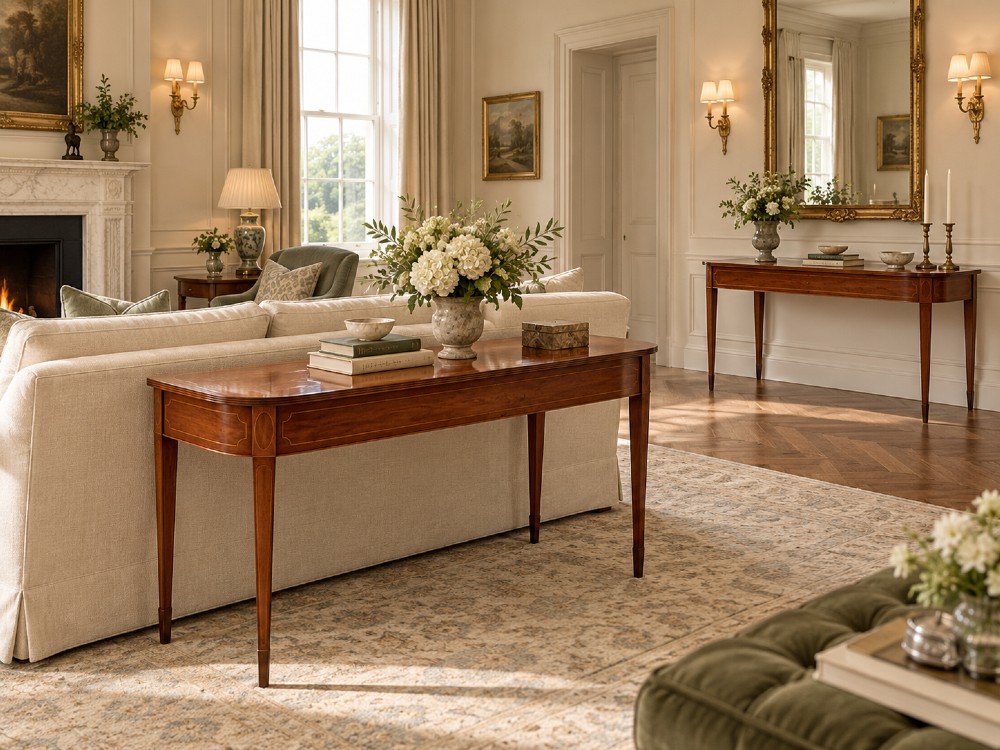 A pair of Georgian mahogany console tables featuring rounded corners, inlaid aprons, and slender tapered legs. View XIV