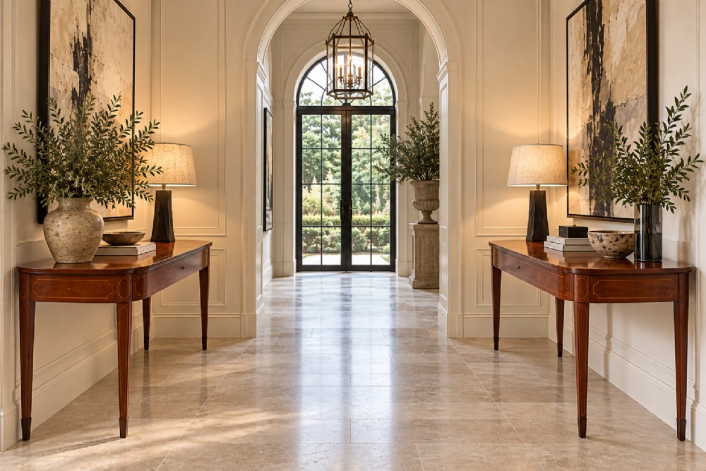 A pair of Georgian mahogany console tables featuring rounded corners, inlaid aprons, and slender tapered legs. View XV
