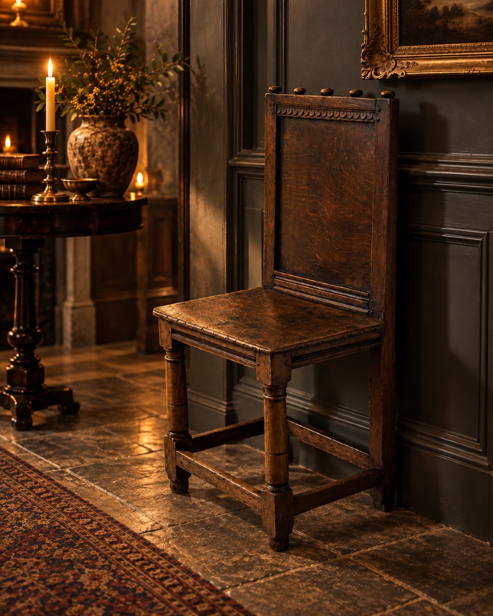 A dark oak 17th-century correction chair featuring a tall panelled backrest, carved crest rail with small wooden finials, solid wooden seat, turned front legs, and plain stretchers. View XII