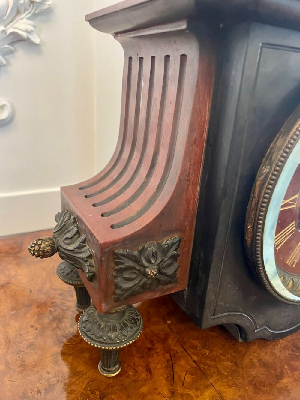 A Regency bronze and marble clock set featuring a central figure-topped mantel clock flanked by a pair of three-branch candelabra. View XI
