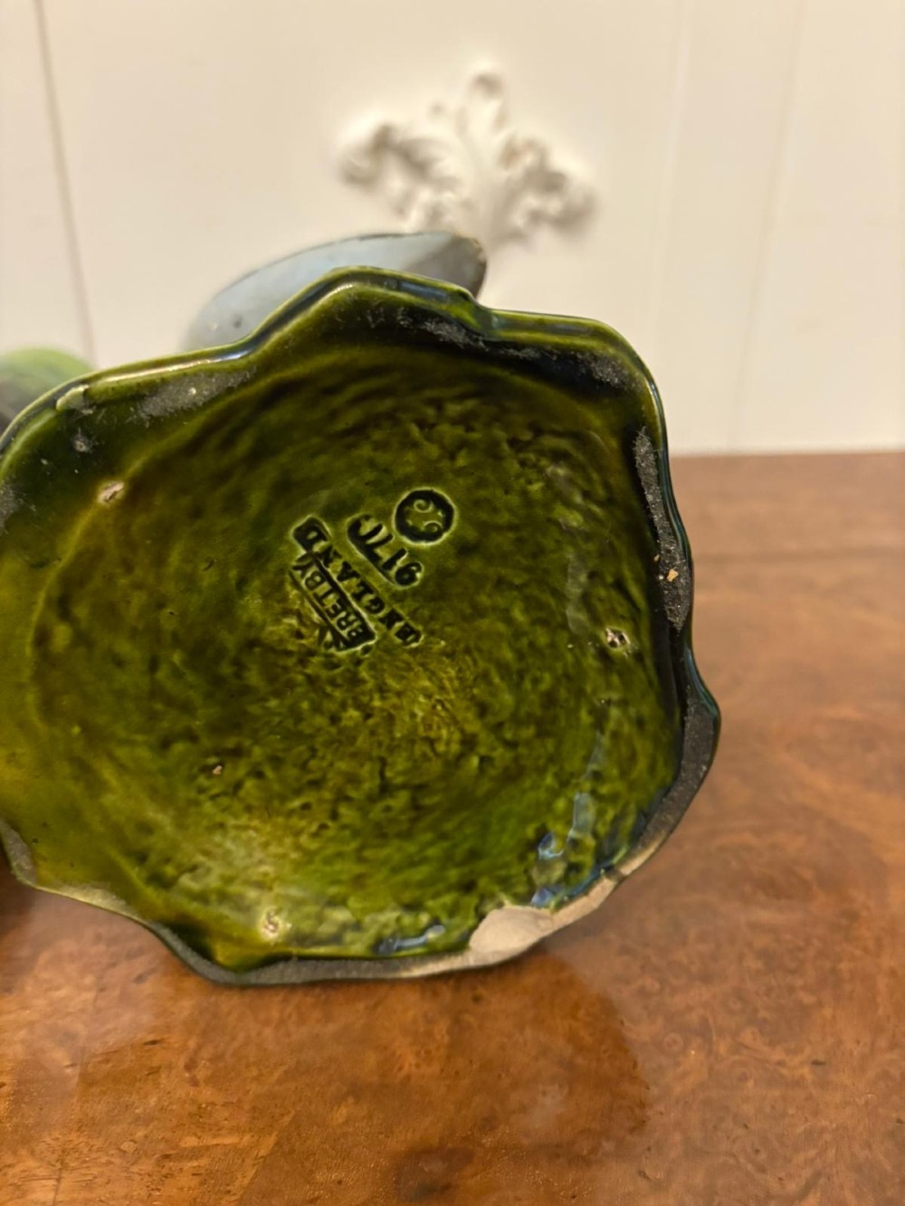 A pair of Victorian green glazed ceramic vases featuring bamboo stems and sculpted wading birds. View IV