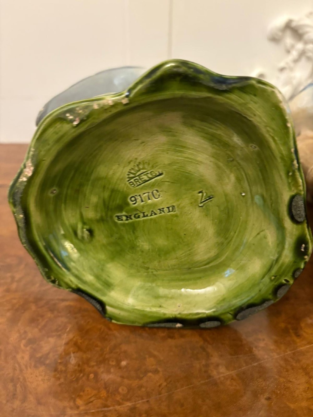A pair of Victorian green glazed ceramic vases featuring bamboo stems and sculpted wading birds. View V