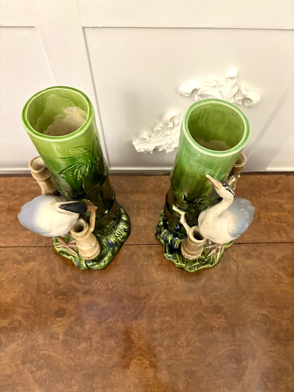A pair of Victorian green glazed ceramic vases featuring bamboo stems and sculpted wading birds. View IX