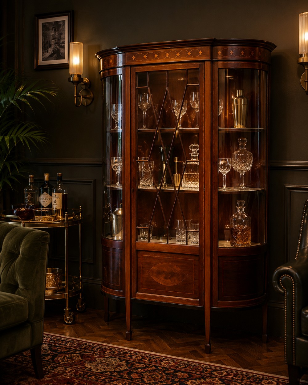 An Edwardian mahogany display cabinet featuring bow-ended glass sides, a central astragal glazed door, and satinwood marquetry inlay. View II
