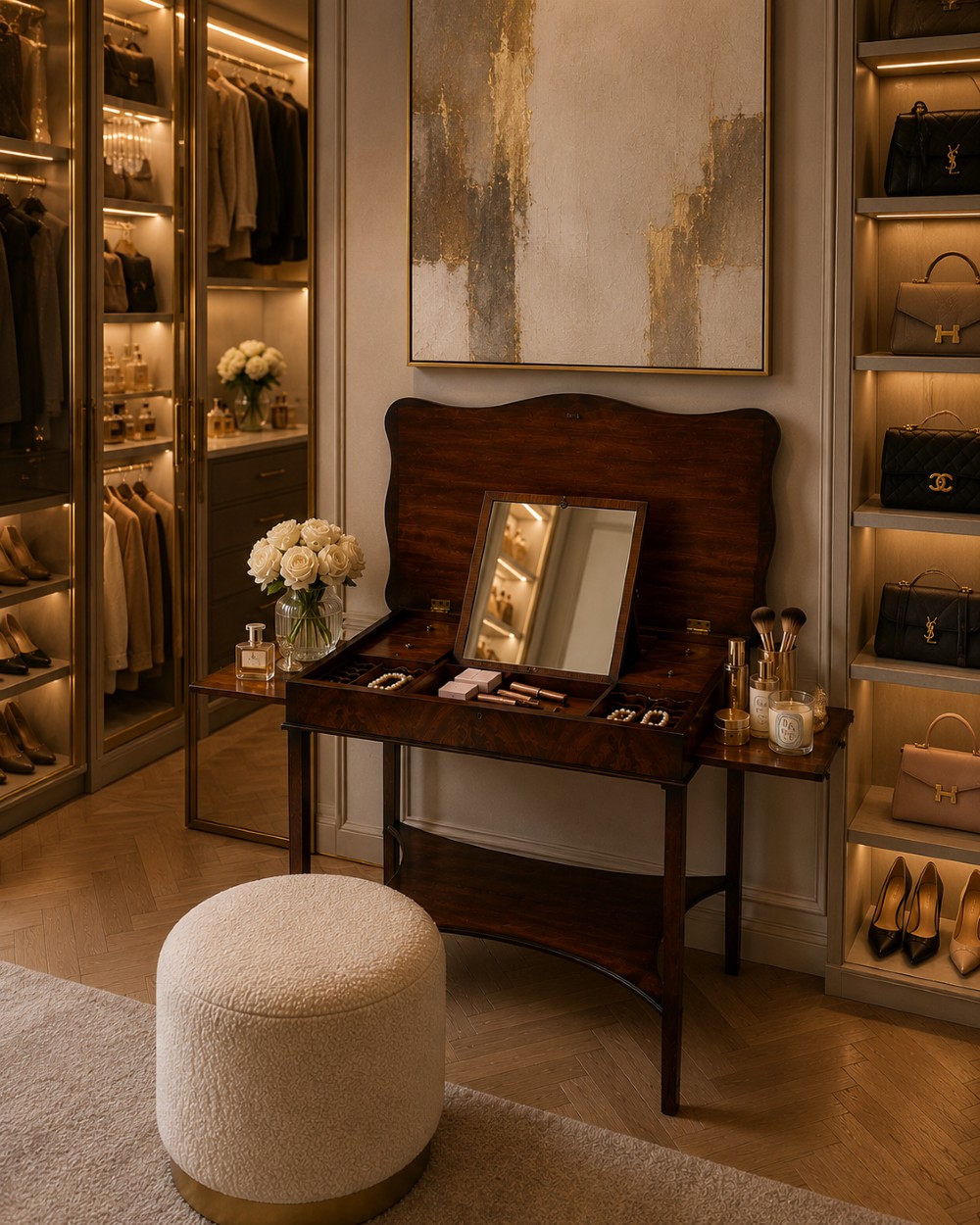 An antique mahogany dressing table with an open hinged lid displaying an internal mirror, storage compartments, side slides, and a shaped lower shelf. View II