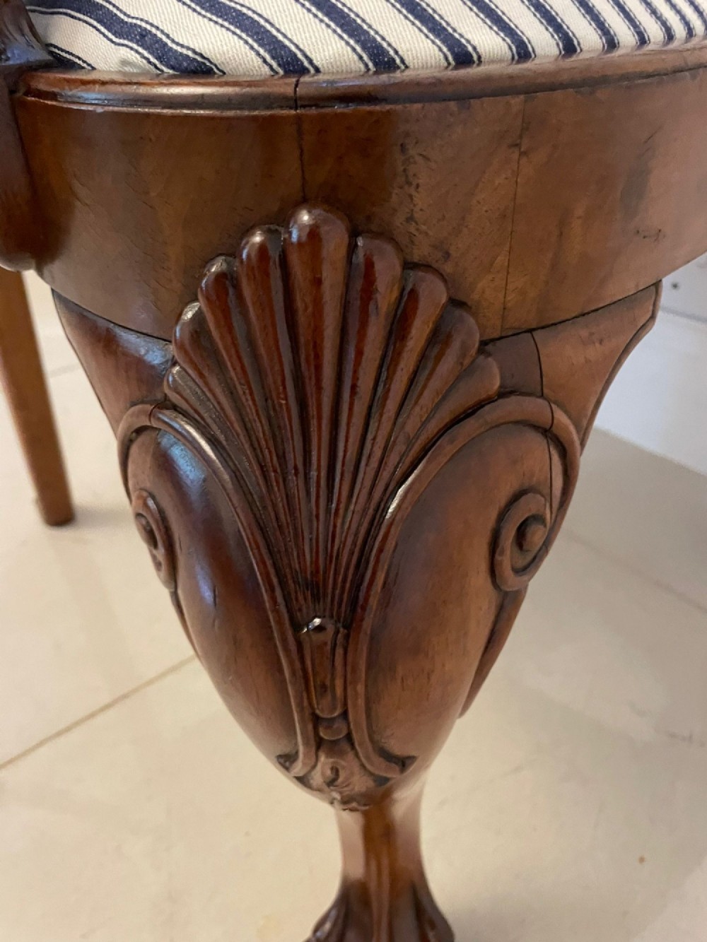 A set of twelve Victorian burr walnut dining chairs featuring carved splats, striped upholstered seats, and cabriole legs terminating in claw and ball feet. View V
