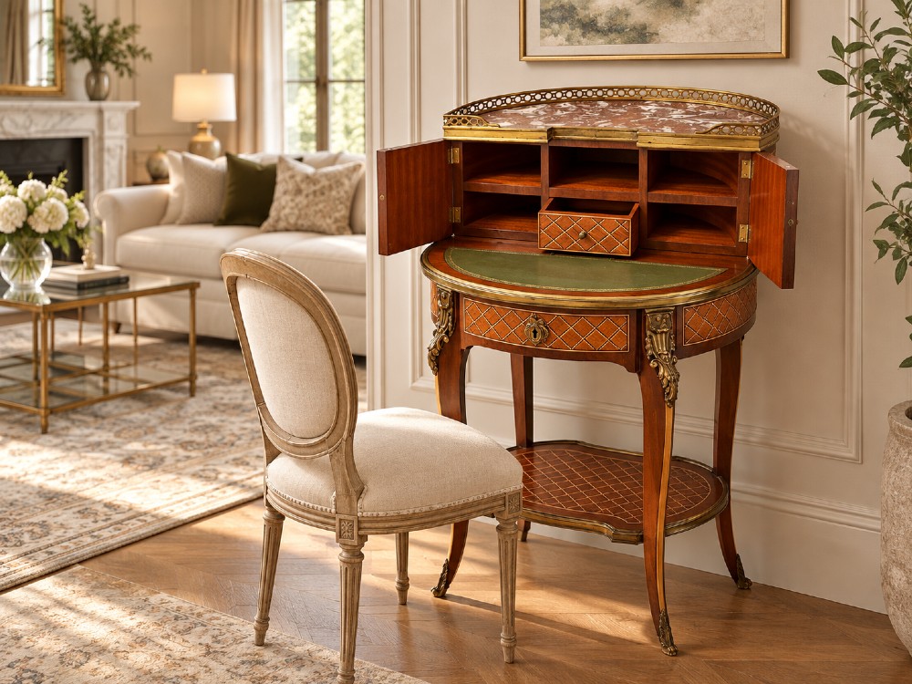 A French kingwood parquetry bonheur du jour writing desk featuring a green leather inset, marble top gallery, and gilt-bronze mounts on slender cabriole legs. View II