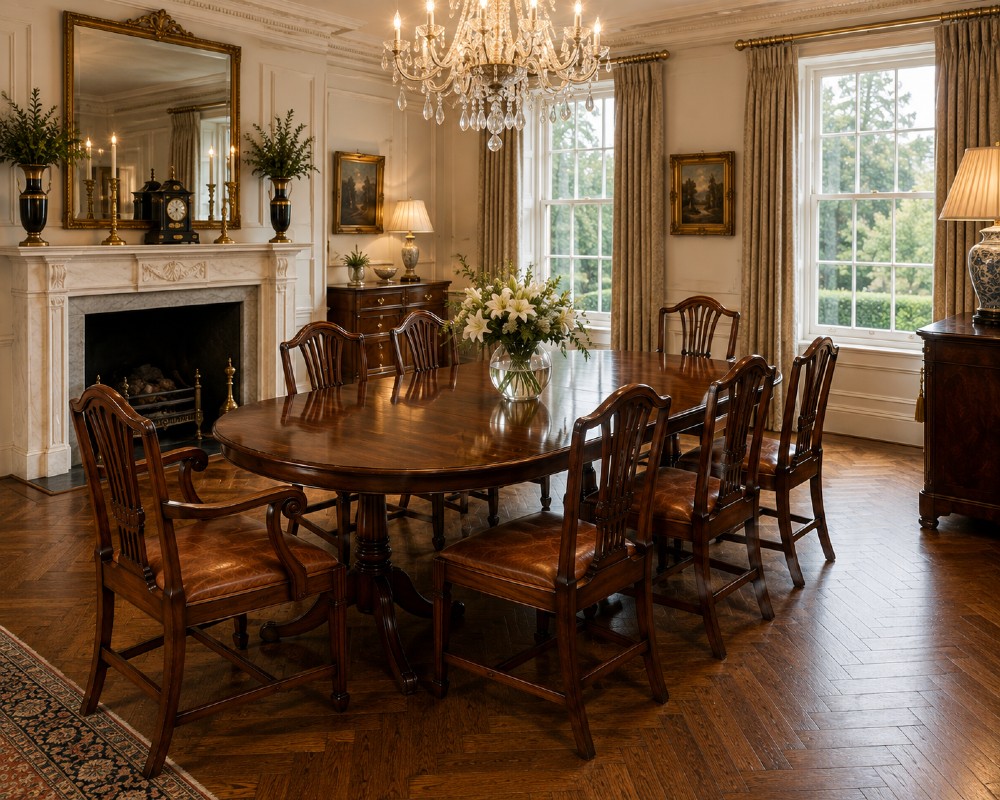 A set of eight Victorian mahogany Hepplewhite style dining chairs with carved shield backs and tan leather seats. View II