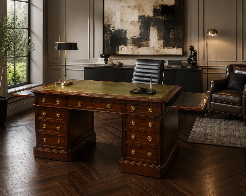 A Victorian mahogany pedestal desk featuring a green leather inset writing surface, nine drawers with brass ring pulls, and a plinth base. View X