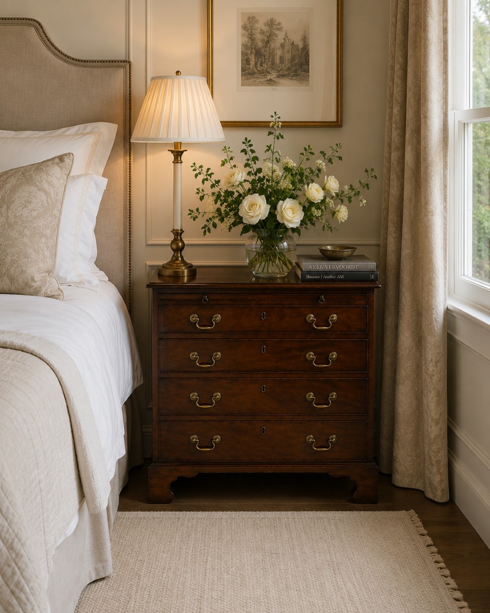 A small Georgian mahogany chest of drawers featuring four graduated drawers with brass swan-neck handles, a pull-out brushing slide, and bracket feet. View III