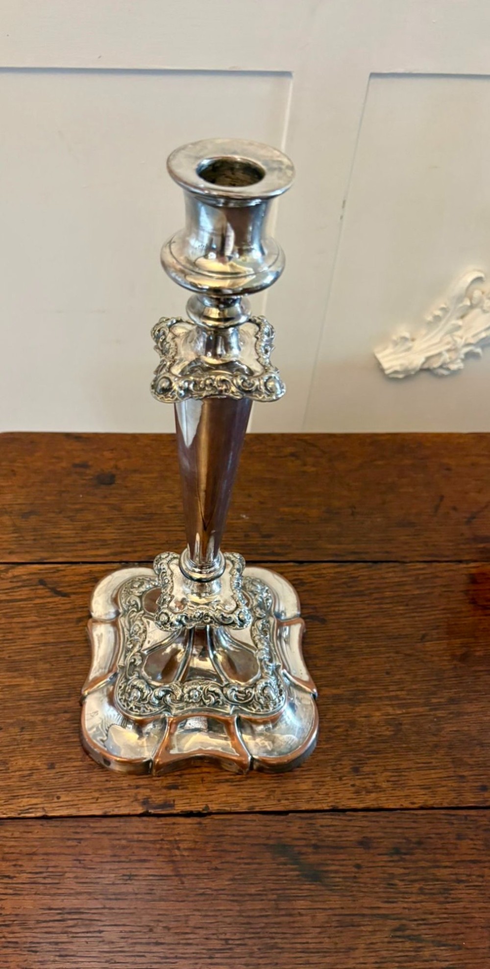 A Victorian silver-plated five-branch candelabra featuring scroll arms, ornate foliate moulding, and a shaped pedestal base. View IV