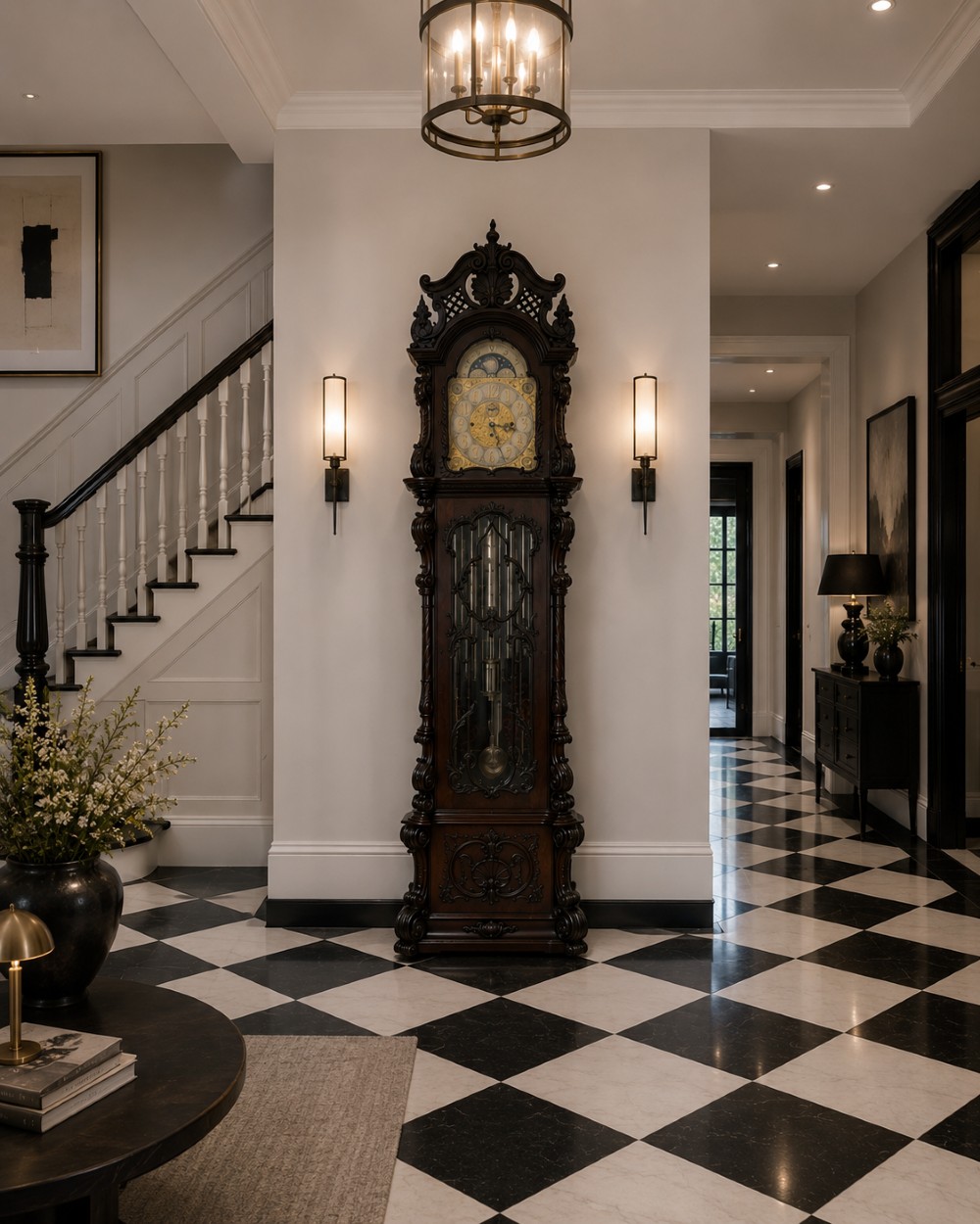 A tall carved dark mahogany longcase clock featuring an ornate pediment, brass dial with moon phase indicator, and a glazed door displaying nine tubular chimes. View II