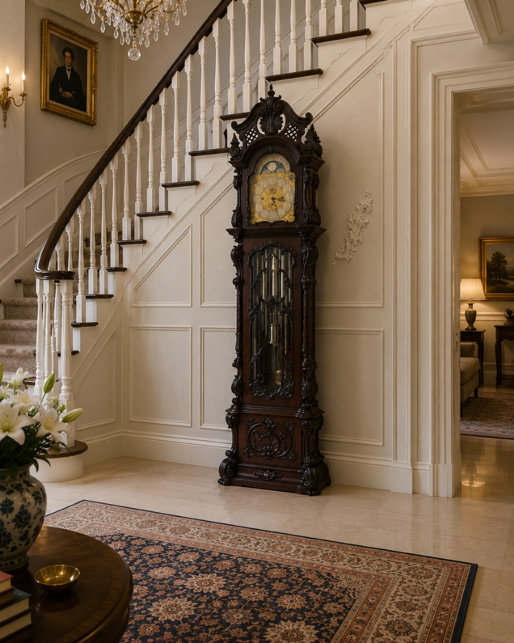 A tall carved dark mahogany longcase clock featuring an ornate pediment, brass dial with moon phase indicator, and a glazed door displaying nine tubular chimes. View III