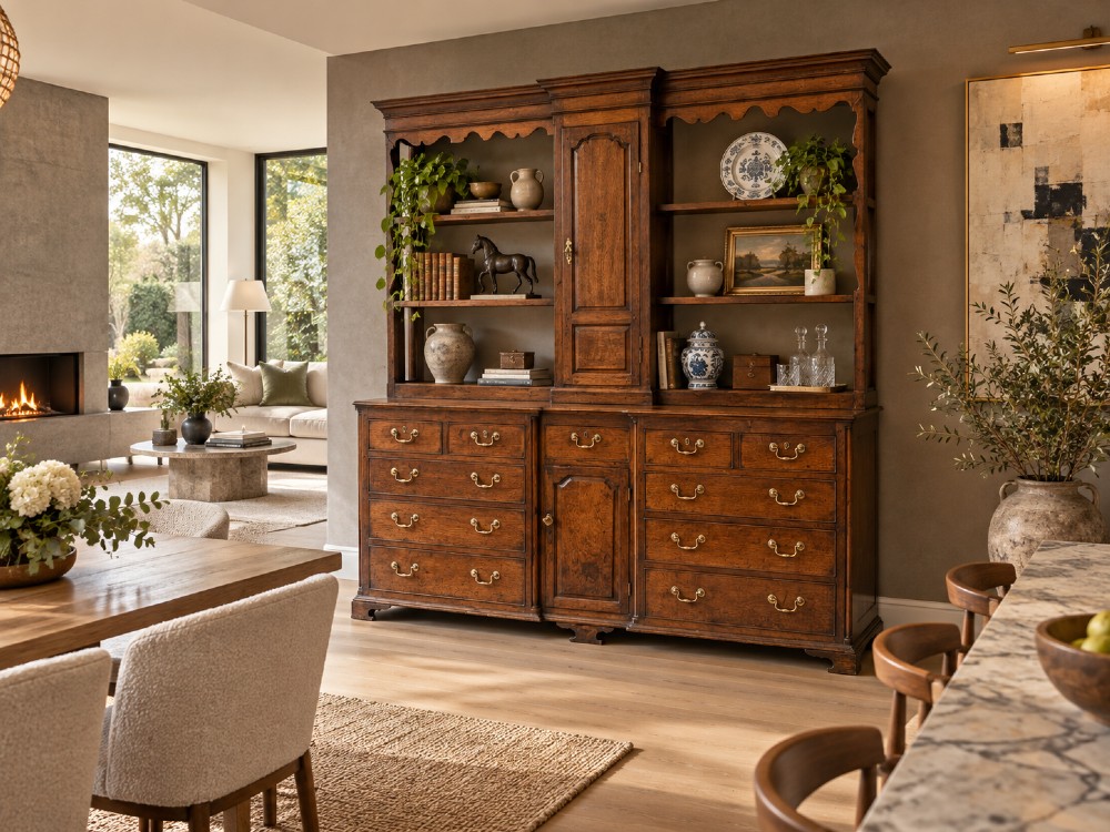 A dark oak Georgian Lancashire dresser with a scalloped open plate rack, central cupboard section, and base containing multiple drawers with brass handles. View II