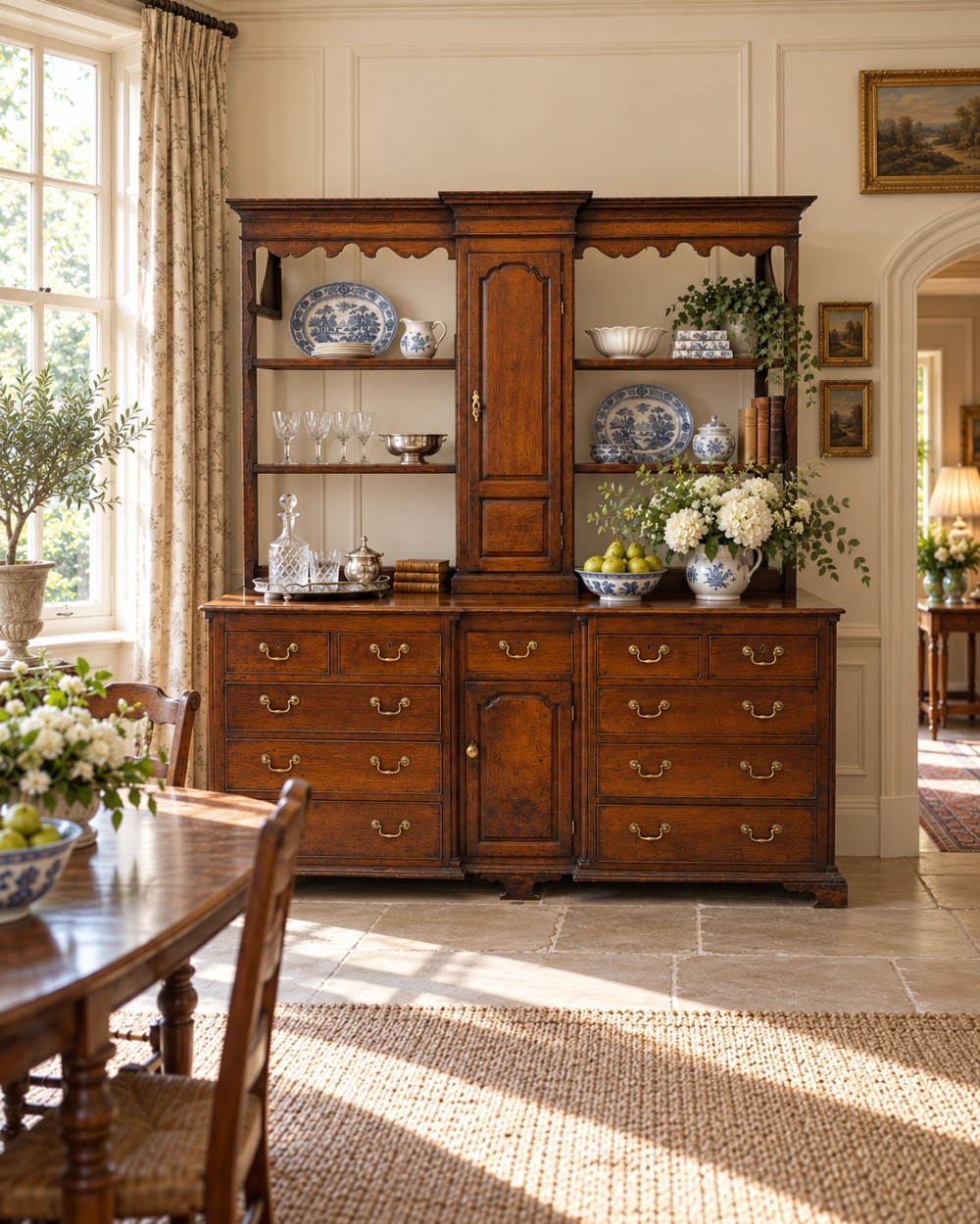 A dark oak Georgian Lancashire dresser with a scalloped open plate rack, central cupboard section, and base containing multiple drawers with brass handles. View III