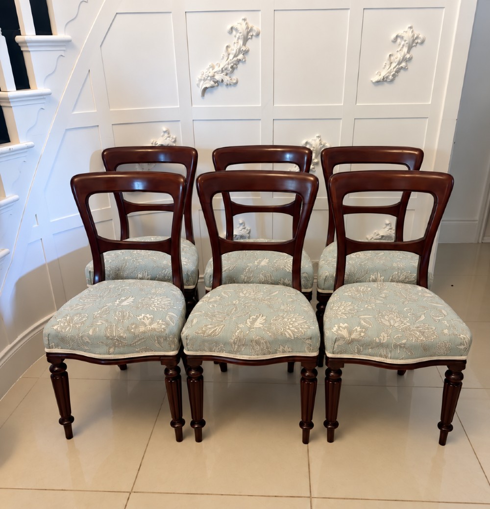 Set of six Victorian mahogany dining chairs featuring curved open backrests, reeded front legs, and light blue pattern-upholstered seats.