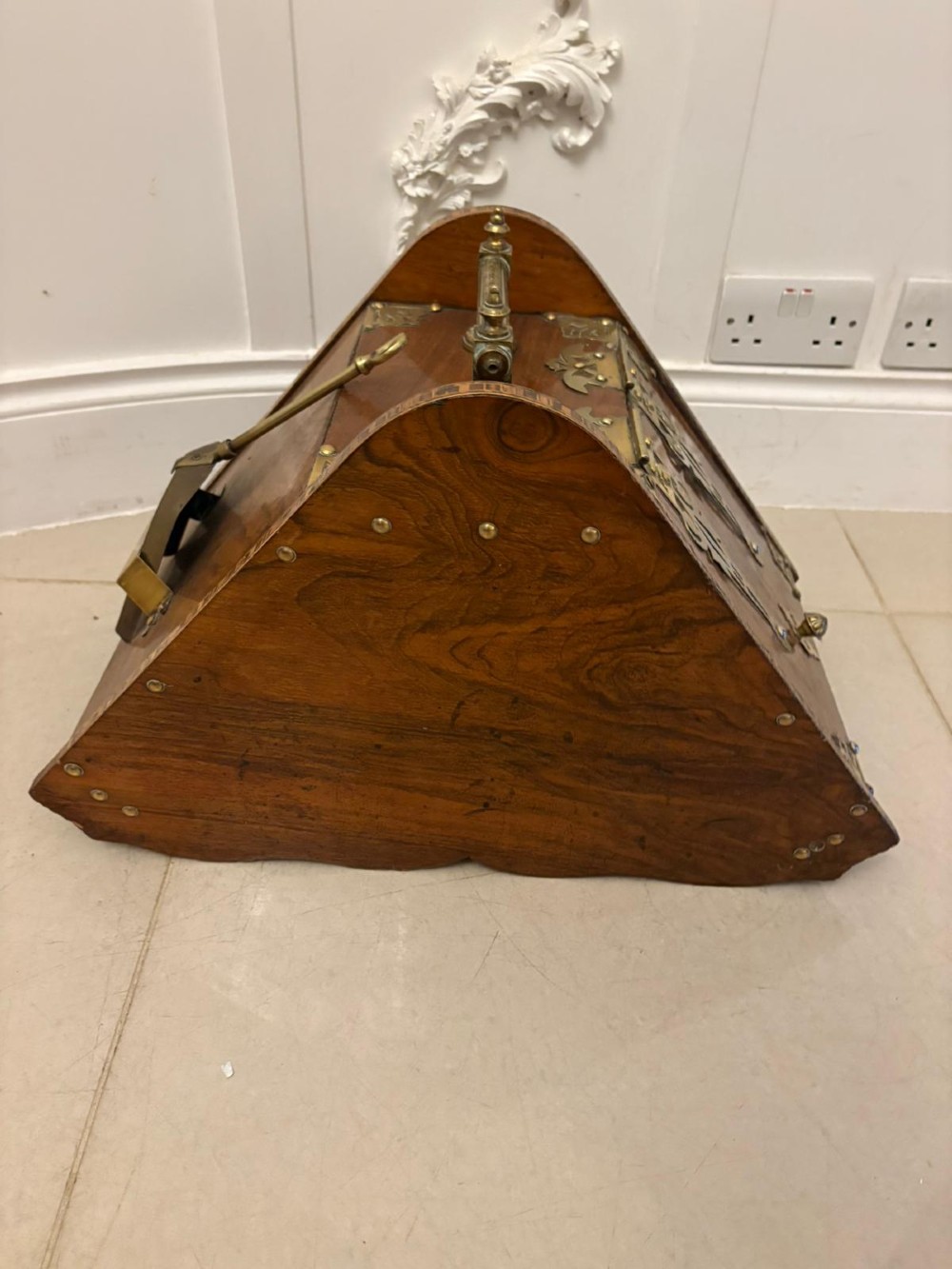 A Victorian walnut coal purdonium featuring ornate decorative brass strap hinges, brass corner plates, and a top carrying handle. View V