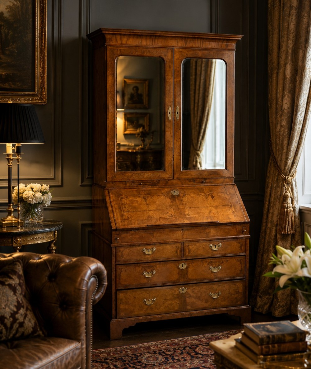 An 18th-century George I figured walnut bureau bookcase featuring two mirrored upper cabinet doors, a slant-front writing desk, and three lower drawers on bracket feet. View II
