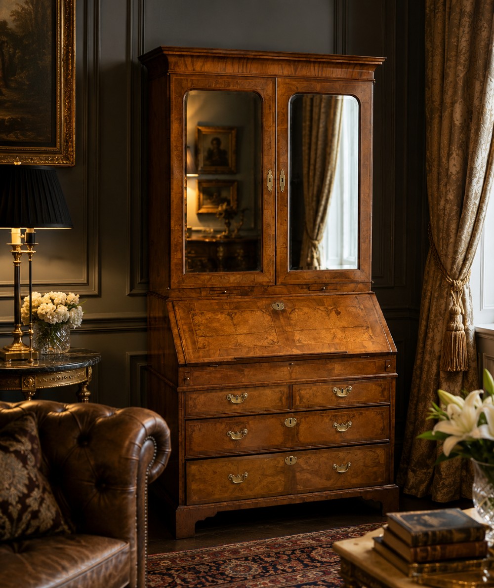 An 18th-century George I figured walnut bureau bookcase featuring two mirrored upper cabinet doors, a slant-front writing desk, and three lower drawers on bracket feet. View IV