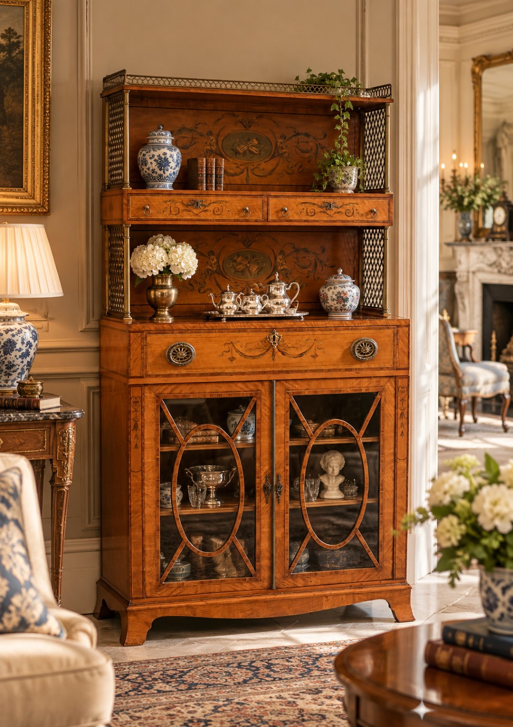 A Georgian Sheraton style satinwood display cabinet featuring upper open shelves with brass grilles and marquetry panels, positioned above a lower glazed twin-door cabinet with oval astragal bars. View III
