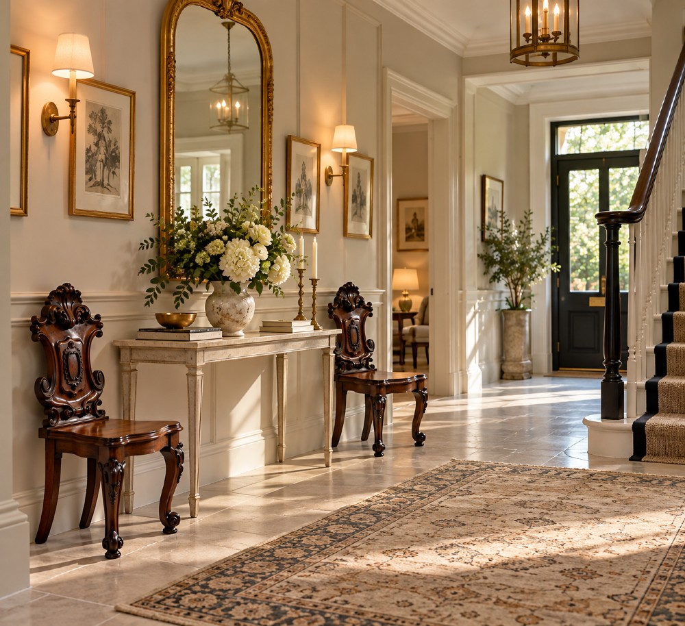 A pair of Victorian carved mahogany hall chairs with shaped timber seats, scrolled cartouche backrests, and carved cabriole legs. View III