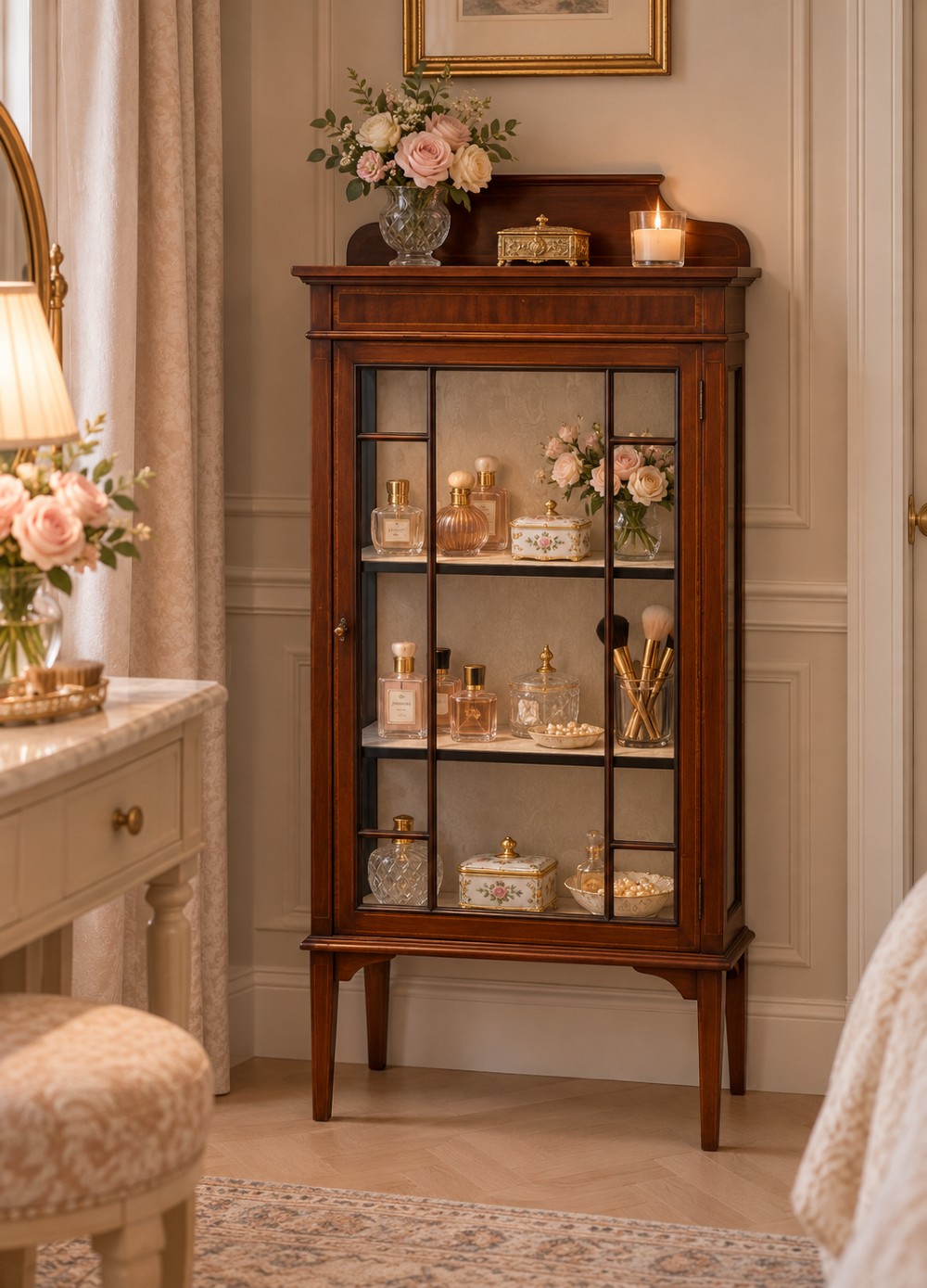An Edwardian mahogany glazed display cabinet featuring geometric glazing bars, tapered legs, a raised pediment top, and a light-lined interior with three shelves. View II