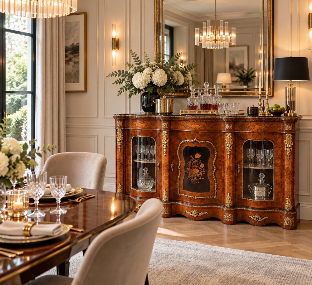 A Victorian serpentine burr walnut credenza featuring detailed floral marquetry inlays, gilt-bronze mounts, a central panelled door, and two curved glazed side doors. View II