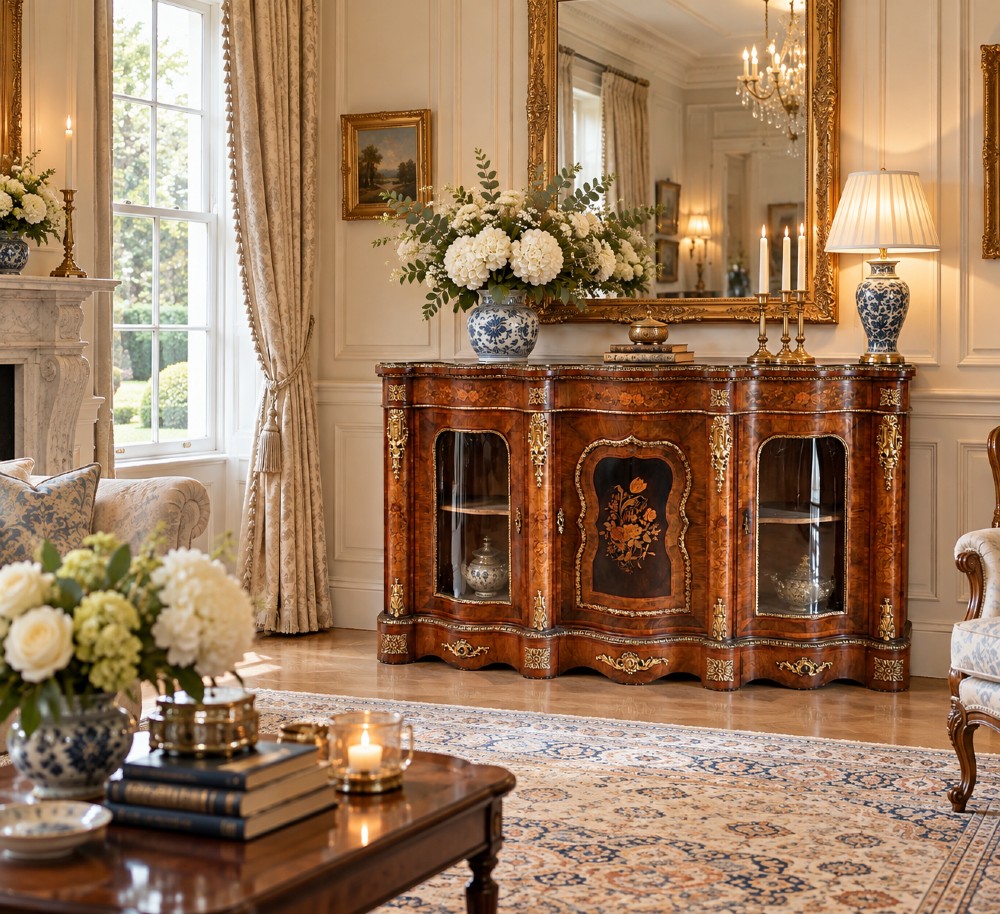A Victorian serpentine burr walnut credenza featuring detailed floral marquetry inlays, gilt-bronze mounts, a central panelled door, and two curved glazed side doors. View III