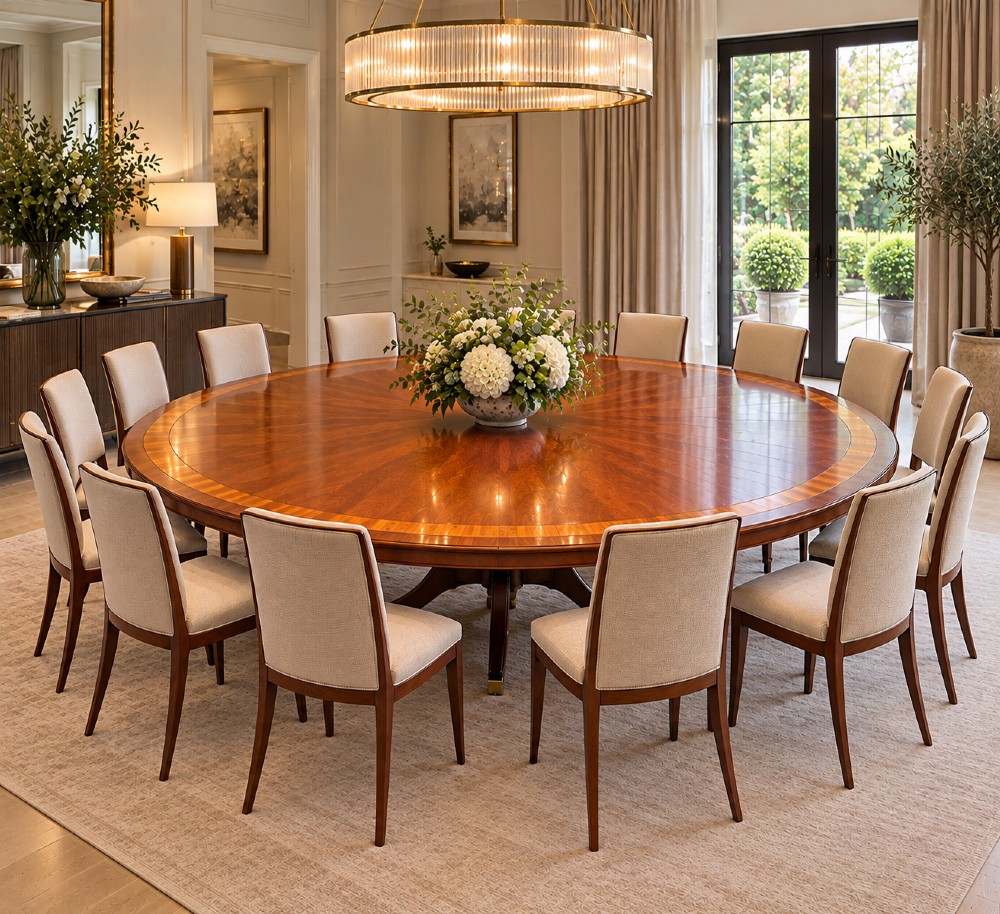 A large circular mahogany dining table featuring a yew wood crossbanded border and a central pedestal base. View II