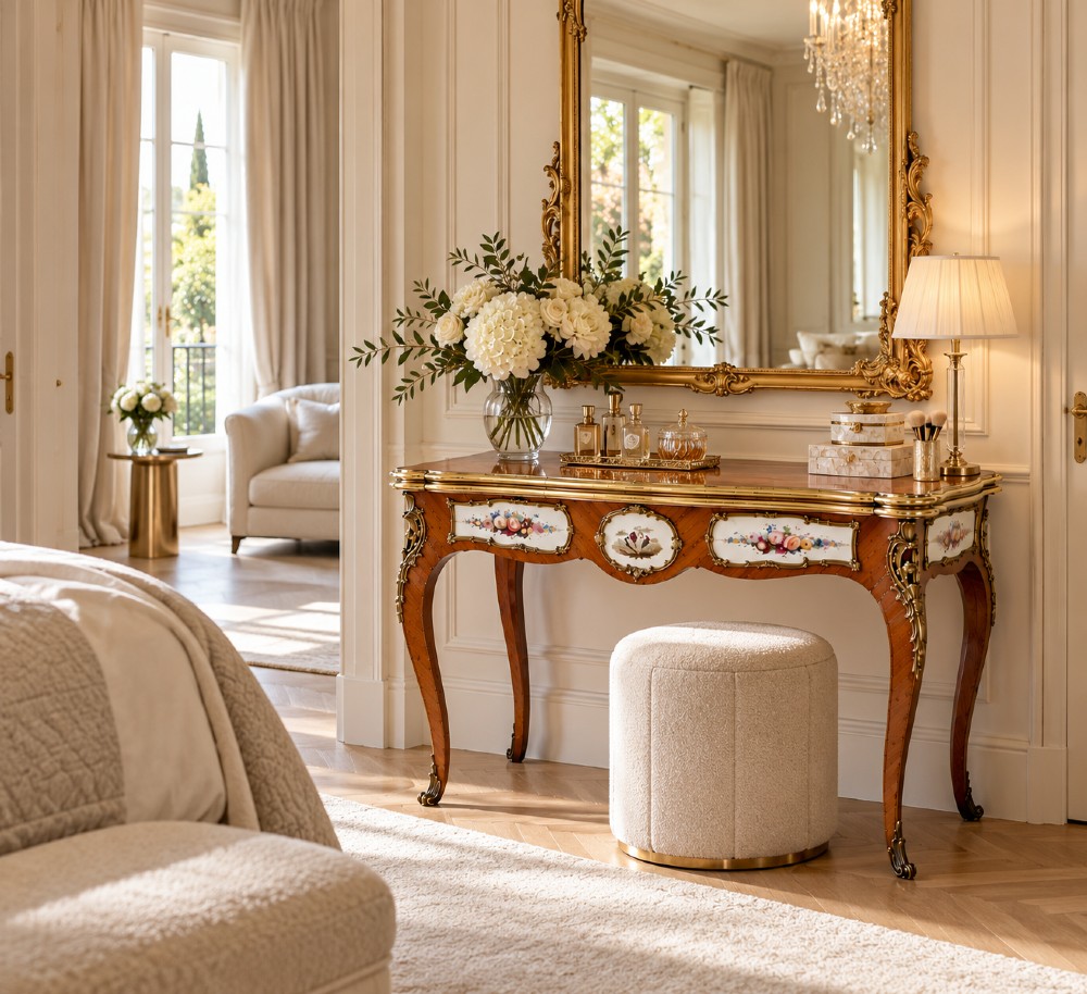 A Victorian Louis XV Revival kingwood console card table featuring a serpentine fold-over top, cabriole legs, gilt bronze mounts, and inset painted porcelain plaques. View II