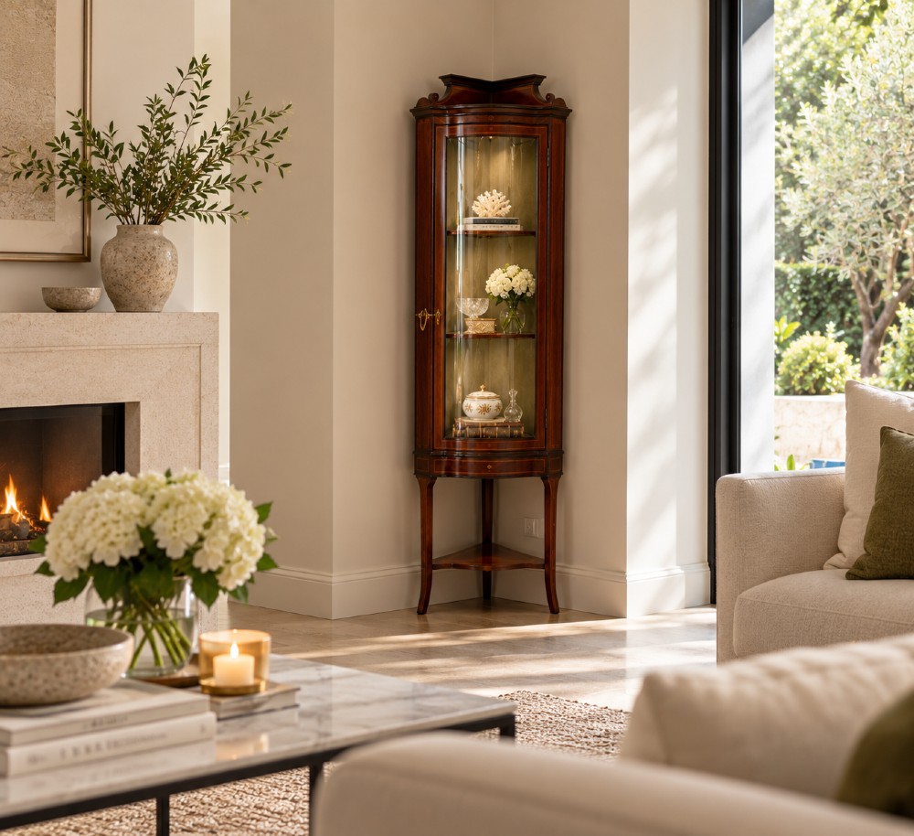 An Edwardian mahogany corner display cabinet with a serpentine glazed door, line inlay decoration, shaped upper pediment, and slender tapered legs with a lower undertier. View XIII