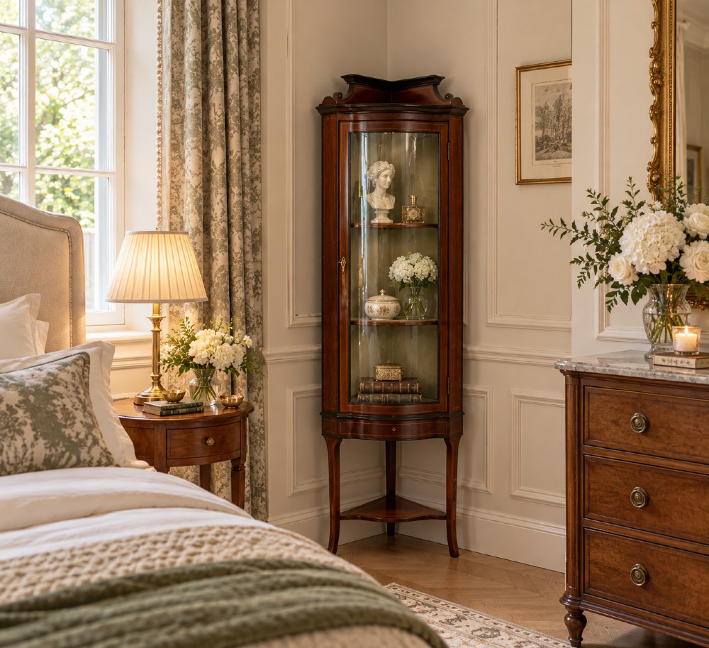 An Edwardian mahogany corner display cabinet with a serpentine glazed door, line inlay decoration, shaped upper pediment, and slender tapered legs with a lower undertier. View XIV