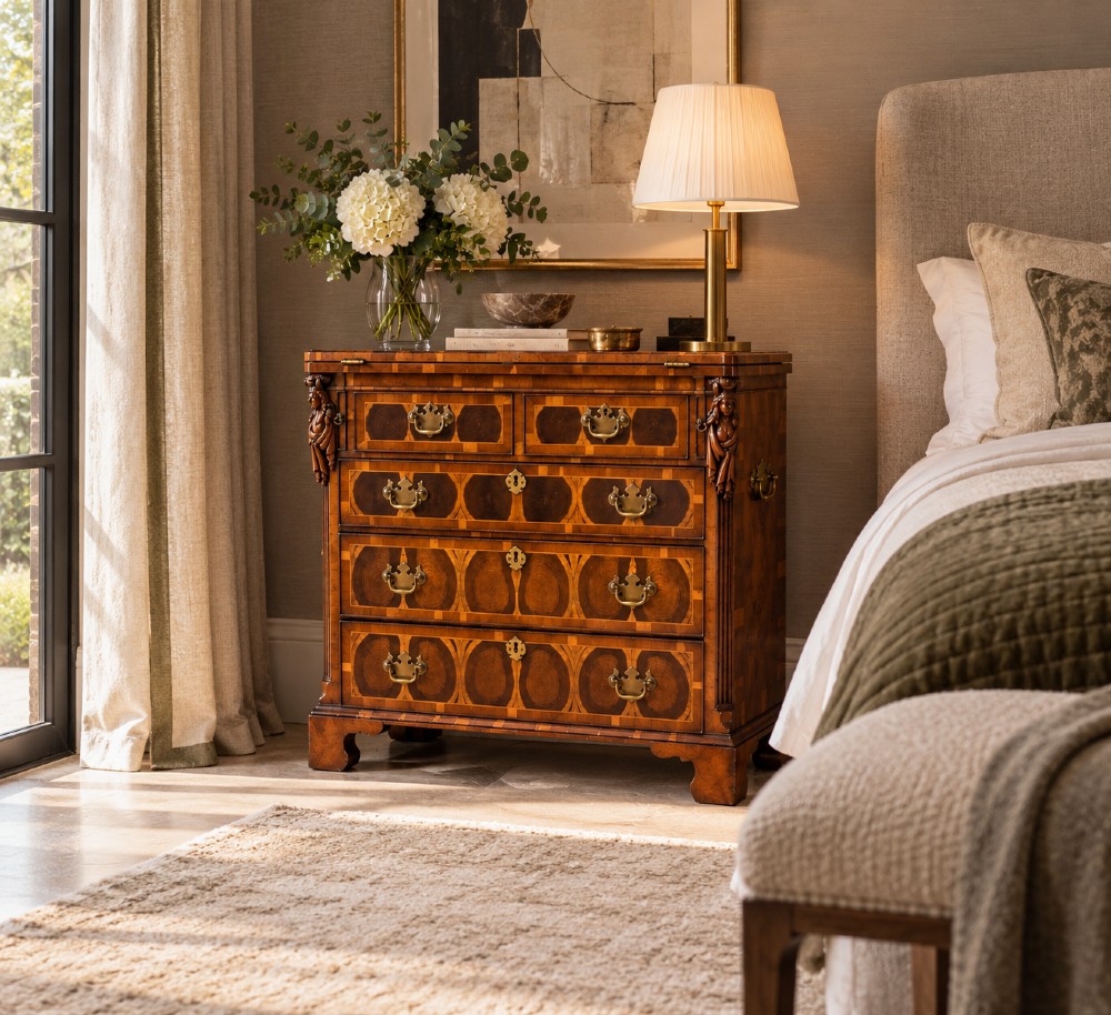 A George I yew wood and laburnum oyster veneered bachelors chest of drawers with carved corner caryatids and brass drop handles. View III