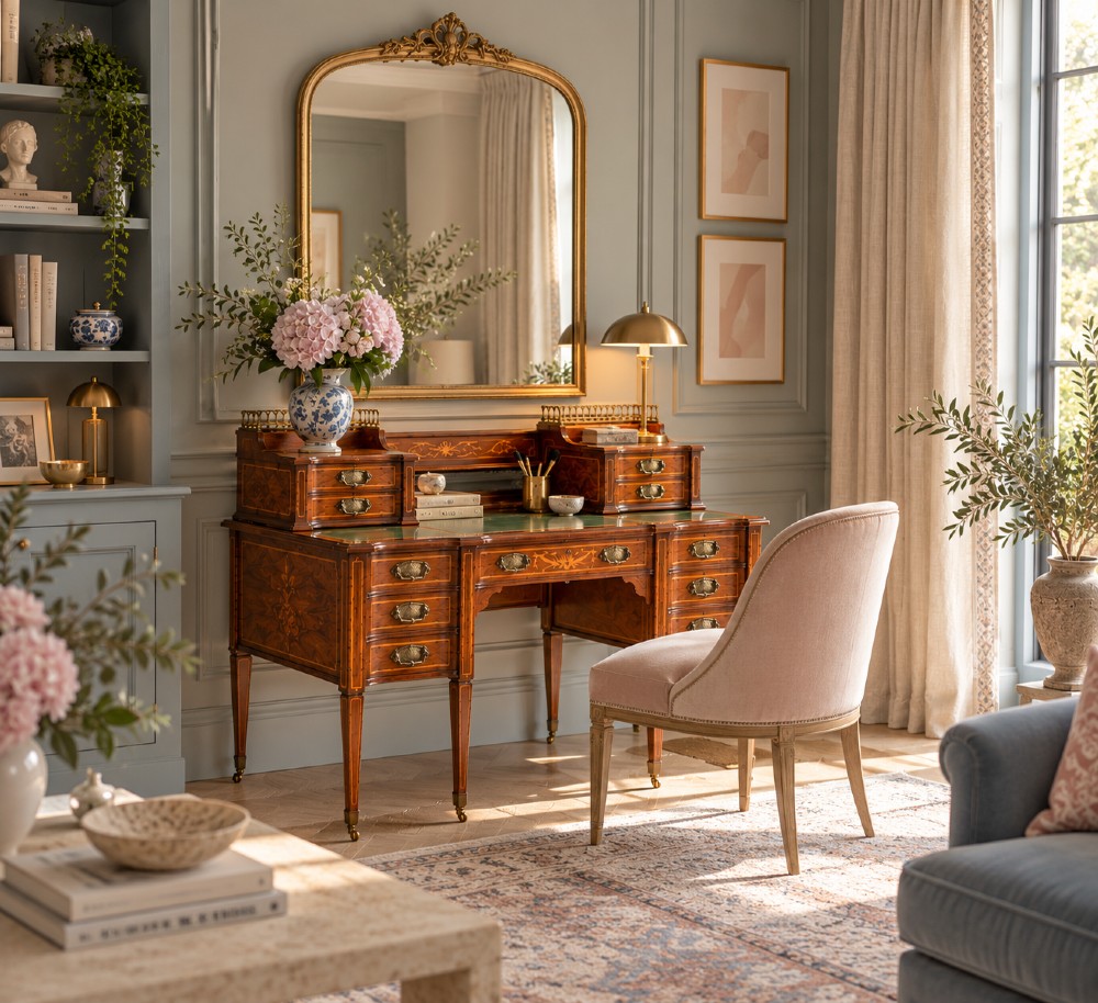 A late Victorian inlaid writing desk with a dark rosewood veneer, green leather top insert, brass gallery rail, and multiple drawers on tapered legs. View II