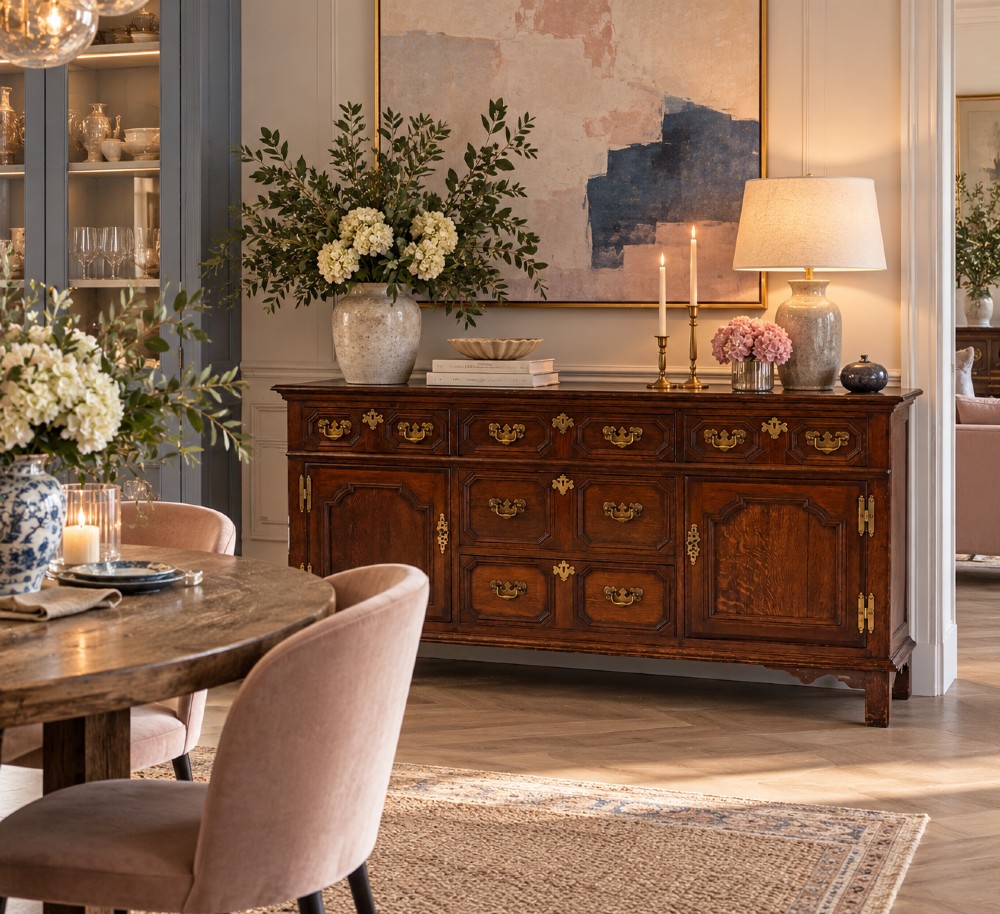 An antique dark oak Georgian dresser base featuring geometric panel drawers, brass handles, side cupboard doors, and a smooth wooden surface. View II