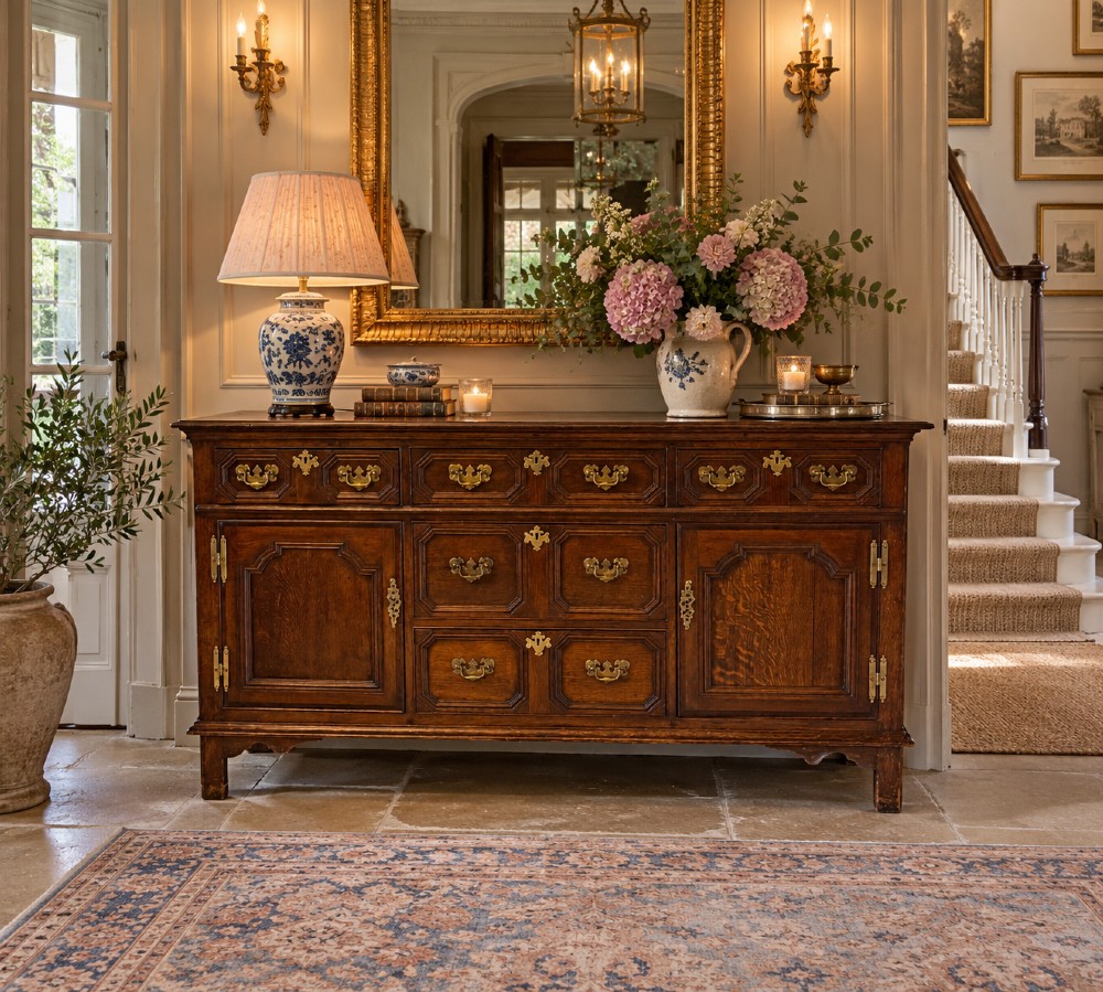 An antique dark oak Georgian dresser base featuring geometric panel drawers, brass handles, side cupboard doors, and a smooth wooden surface. View III